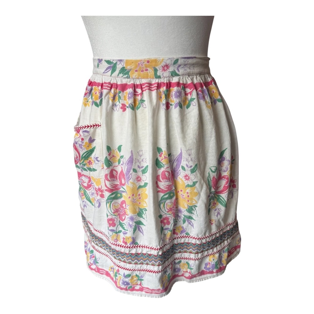 Vintage 50s‎ Bright Floral Ric Rac Half Apron Cottagecore Kitchen Hostess Retro